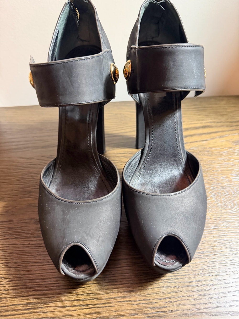 Louis Vuitton Black Peep-Toe Platform Heels with Gold Buttons